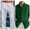 Green washed cotton men's casual shirt and matching trousers in regular fit cardigan style