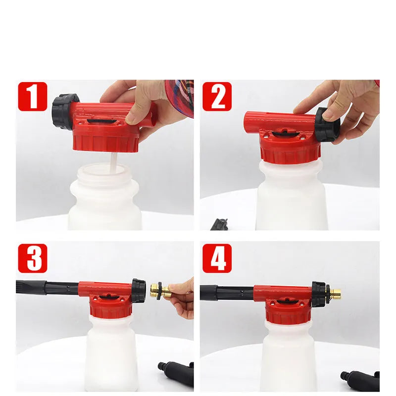 Green handheld foam pot high pressure water gun garden sprayer on a white background.