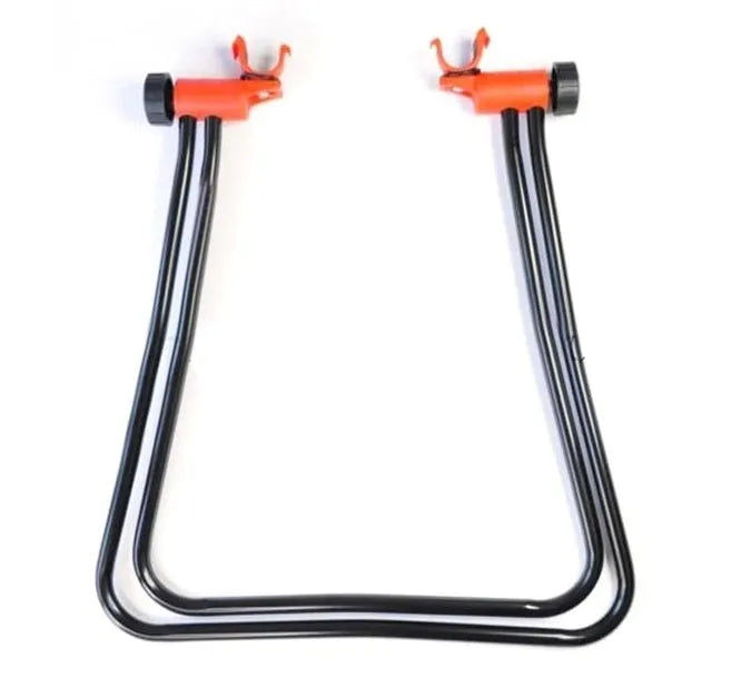Foldable aluminium alloy bicycle repair rack in black with 3-way micro-adjustment and chain stay mounts on a flat surface