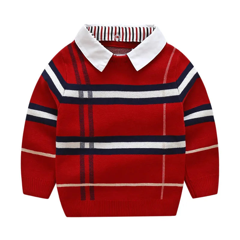 Boys plaid jacquard cotton sweater pullover in apricot with long sleeves, fine wool thickness, soft treatment fabric