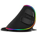 Vertical ergonomic snail-shaped RGB wired computer mouse on a desk, showing its contoured design and lighting.