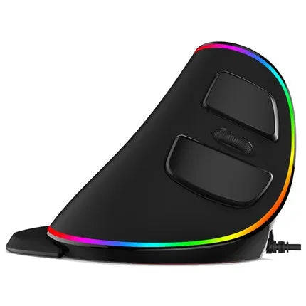 Vertical ergonomic snail-shaped RGB wired computer mouse on a desk, showing its contoured design and lighting.