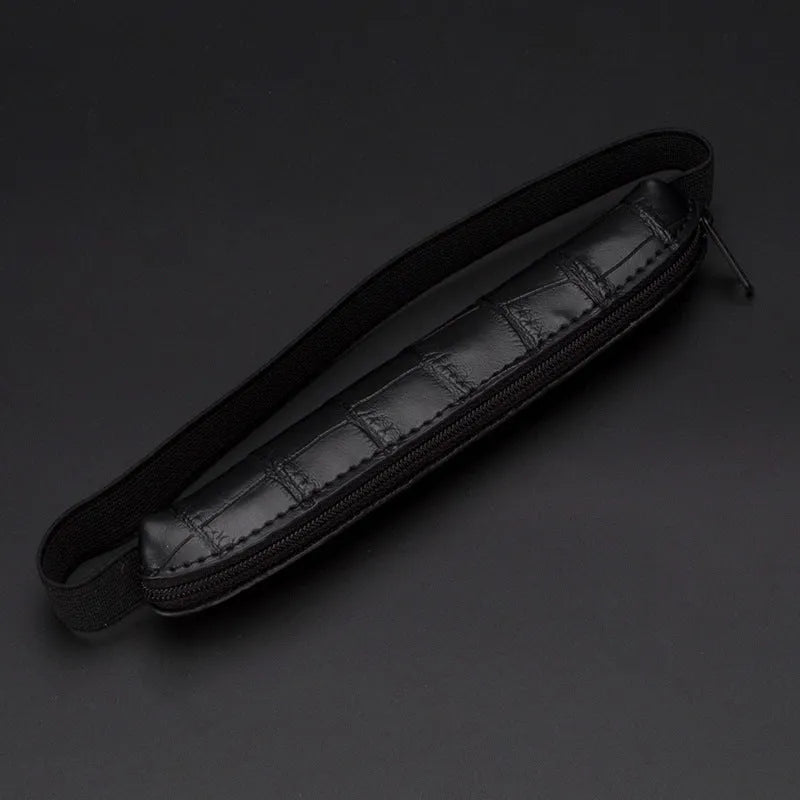 Long slim beige grey PU leather pencil case showing 16.5cm length