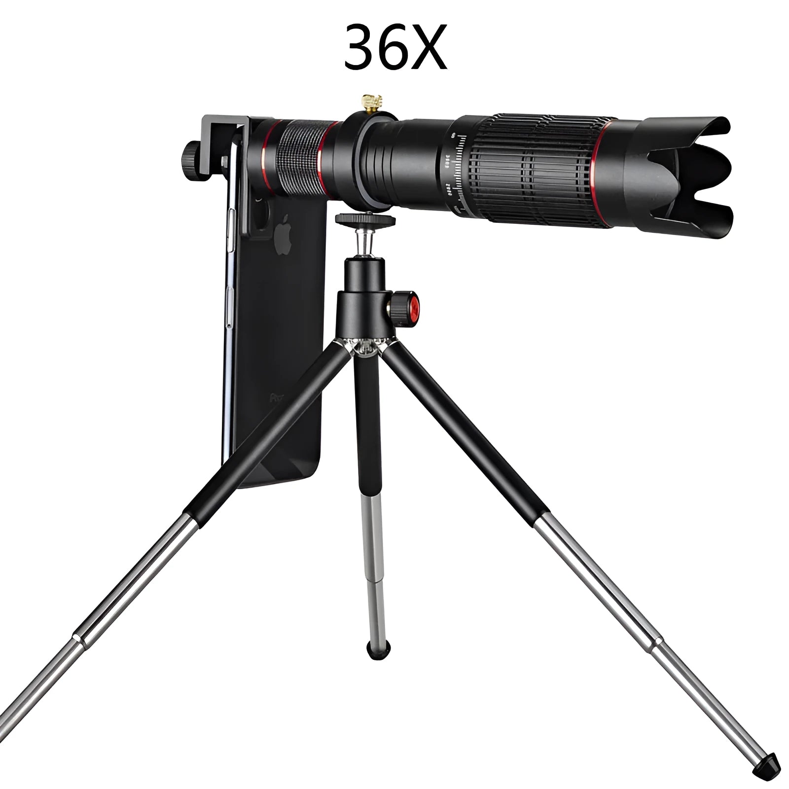 Black 36x telephoto mobile phone telescope with universal clip mount on a smartphone