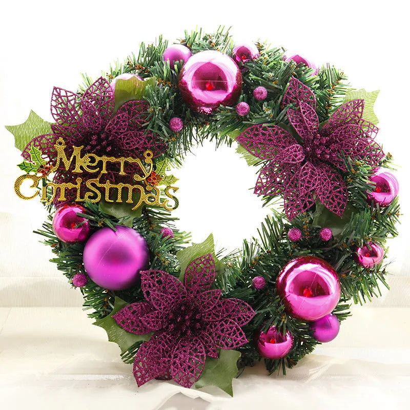30cm diameter multicolour plastic Christmas wreath decoration showing blue, gold, pink, purple, red, and silver colour options