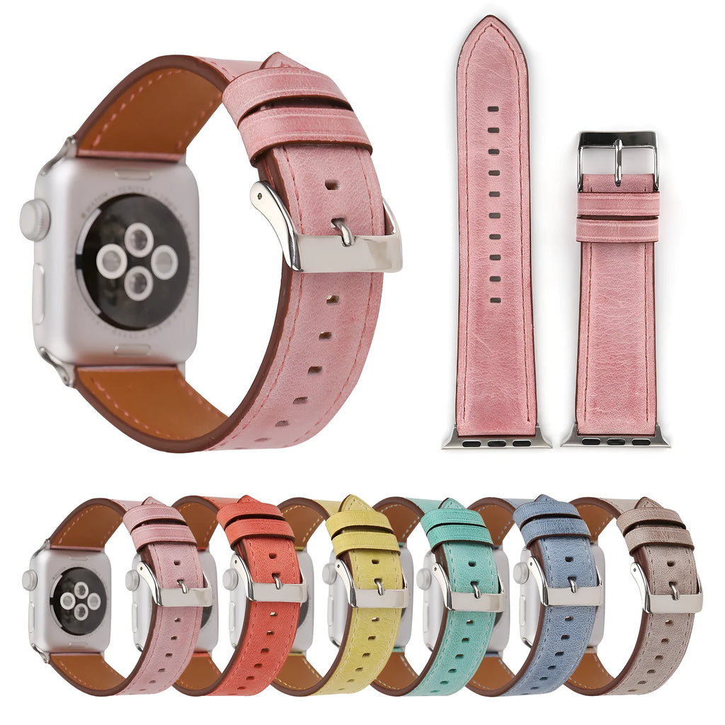 Blue leather watch strap with a silver folding buckle on a 42mm width watch case.