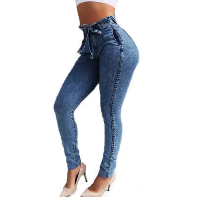 Women's fringed jeans in cowboy denim with frayed hem detail in dark blue, grey, and light blue colours