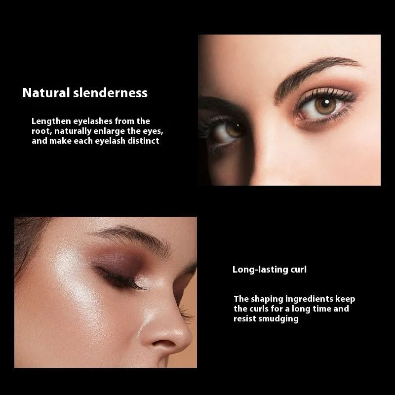 Black waterproof mascara wand with thick curling formula in English packaging