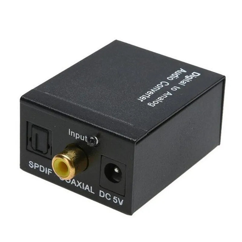 Black digital to analogue audio converter with Toslink and RCA inputs for DVD players