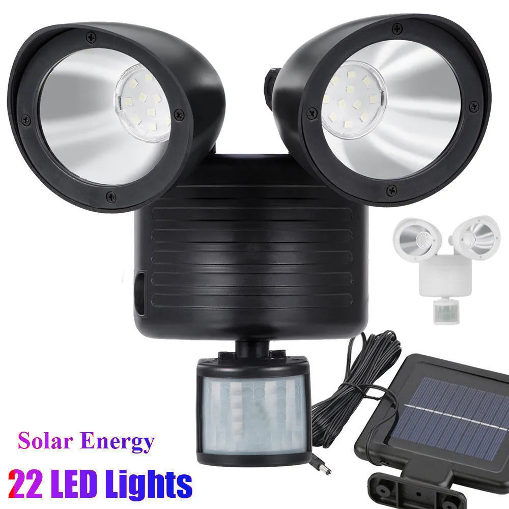 Black and white dual head solar motion sensor spotlight for outdoor wall mounting with adjustable brightness