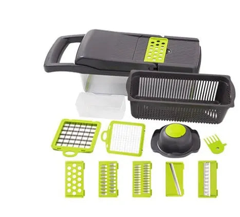 Multifunctional vegetable cutter with 7 stainless steel blades and wheat straw body in black, 31.8 cm