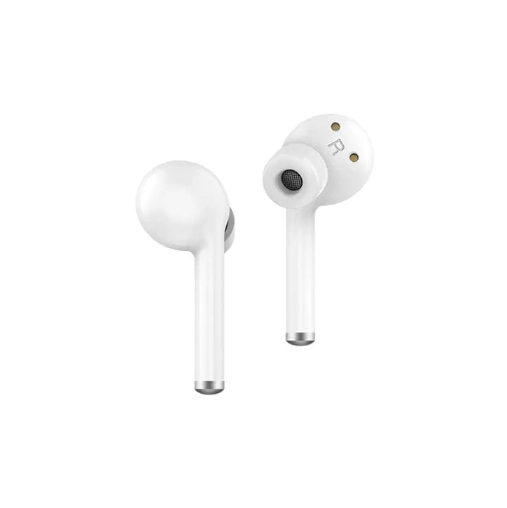 TW40 wireless Bluetooth headphones in black and white with charging case on white background