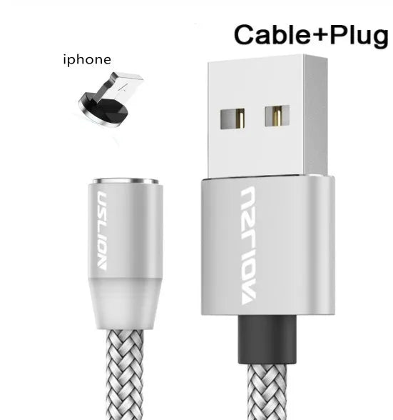 USLION circular magnetic charging cable in black, showing magnetic connector and plug for Android, iOS, or Type-C device.