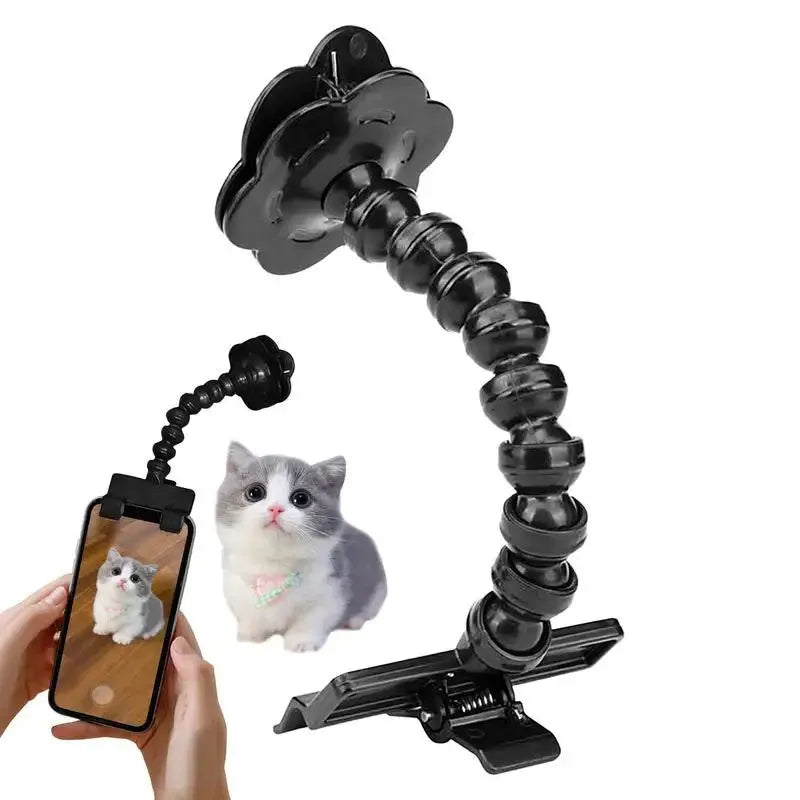 Black pet photography tool with treat clip and phone holder for dog and cat photography