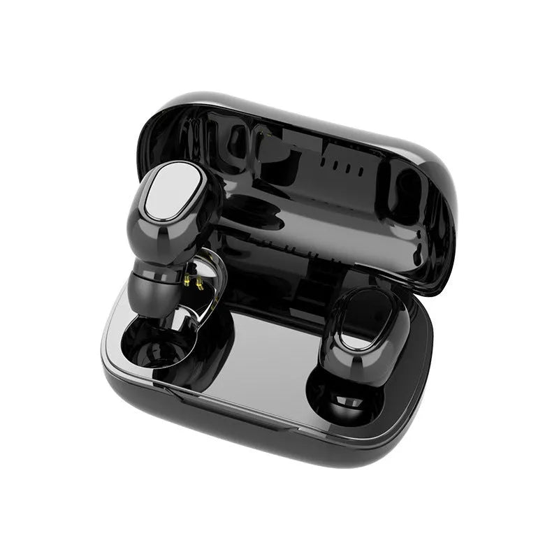Sports mini in-ear Bluetooth 5.0 headphones in black with charging chamber and silicone ear caps