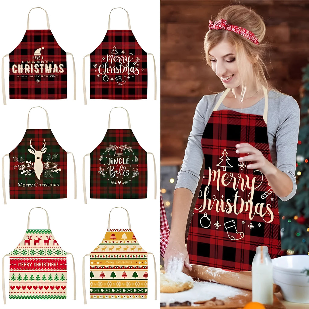 Cotton linen Christmas apron with creative festive pattern in 68x55 cm size