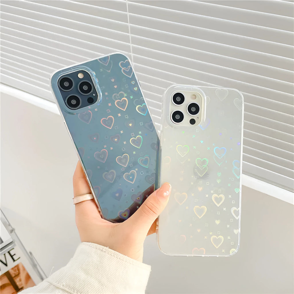 Transparent silicone iPhone case with laser love design for models 7 to 14 Pro Max