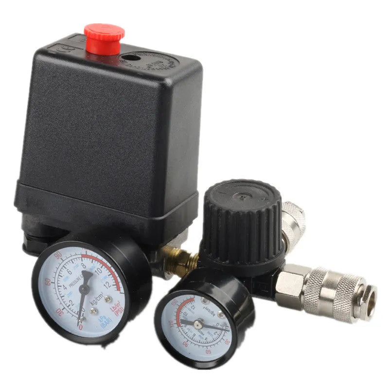 European style air compressor pressure regulating valve assembly with switch box and industrial fittings