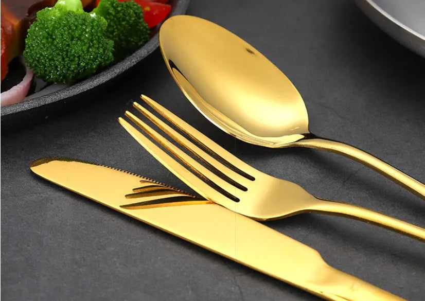 24-piece stainless steel cutlery set for six place settings showing knife, fork, and spoon options in different colour finishes.