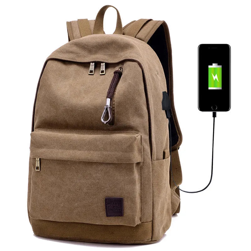 Canvas backpack with USB charging port and laptop compartment in grey colour