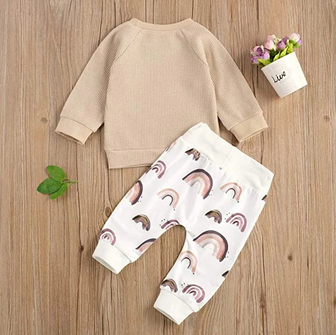 Children's autumn cotton long-sleeve two-piece suit with rainbow pattern in khaki and blue gray options