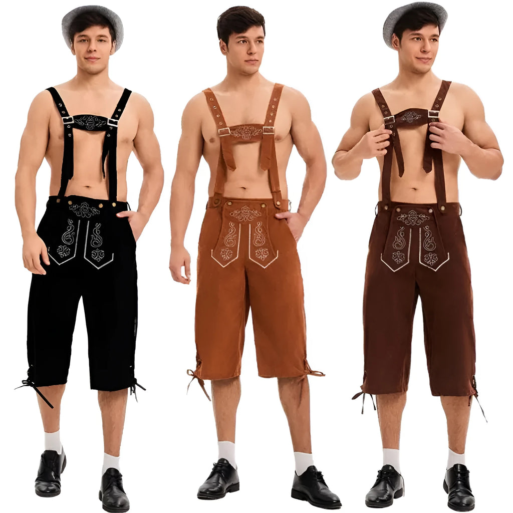 Polyester suspenders beer pants in black, brown, and khaki colours for stage wear
