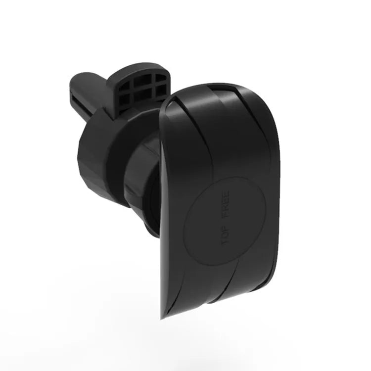 Black car phone holder mounted on vehicle air vent with phone in cradle