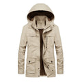 Men's thickened winter jacket in khaki with stand-up collar and zip front, loose fit casual style