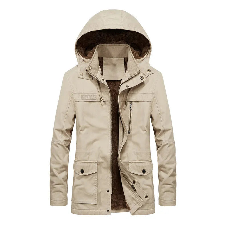 Men's thickened winter jacket in khaki with stand-up collar and zip front, loose fit casual style