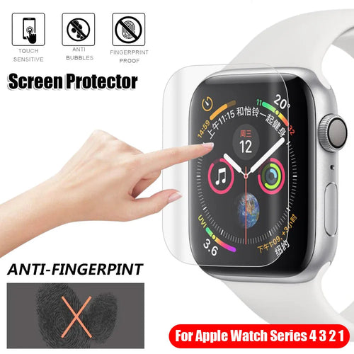 Apple Watch full coverage hydrogel screen protector showing transparent film with self-adhesive backing