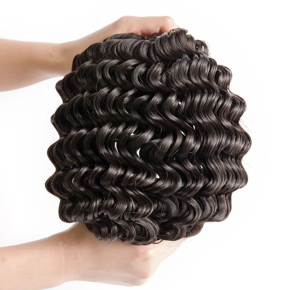 Real hair wig with natural curls in medium long length shown on a mannequin head