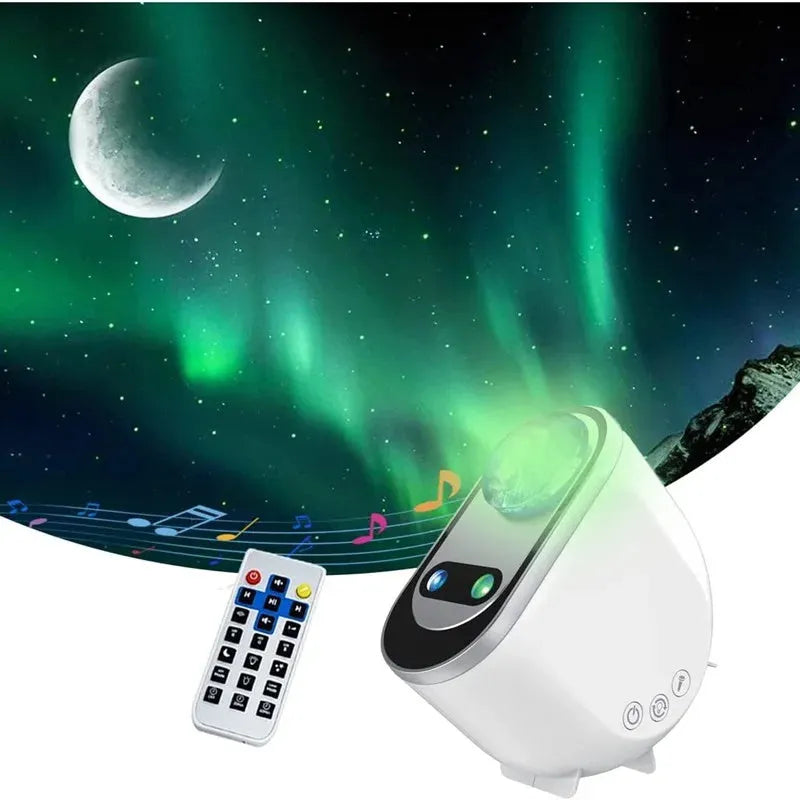 Aurora Borealis star projector lamp with remote control, white ABS body, projecting green stars and Northern Lights