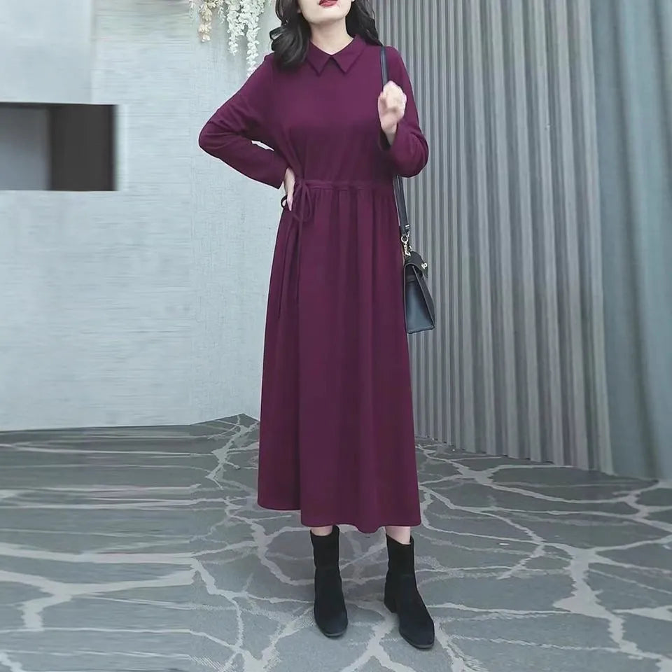 Purplish red plus size women's long sleeve dress with a long skirt for autumn winter wear.