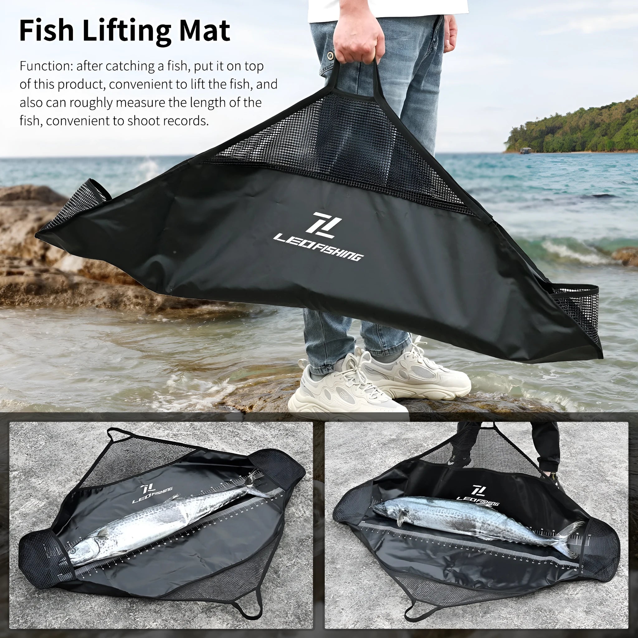 Black PVC fishing measuring mat with 100cm ruler and 120cm diagonal surface