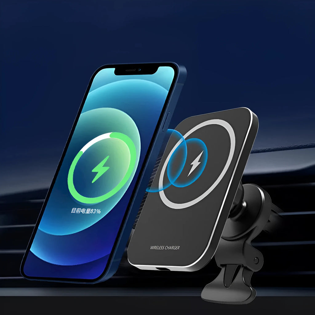 Black magnetic wireless charging car phone holder with 15W charging for Apple iPhone 12 series