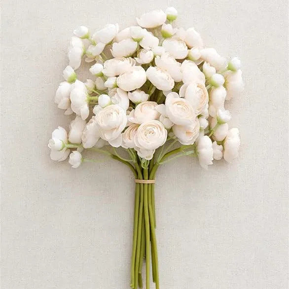 24-head silk tea rose camellia floral stem in pink, 35cm tall, on white background