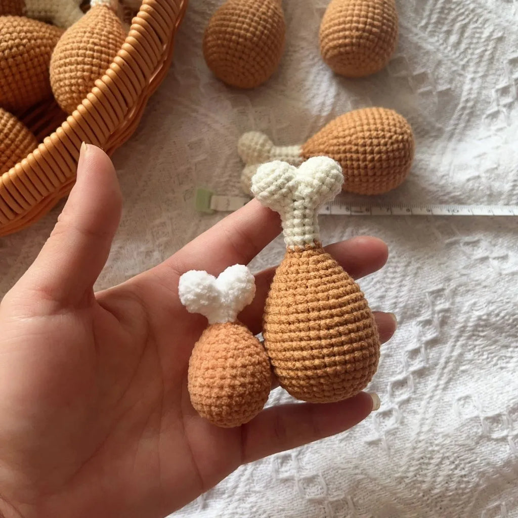 Handmade crocheted chicken leg key chain pendant in colourful plush yarn