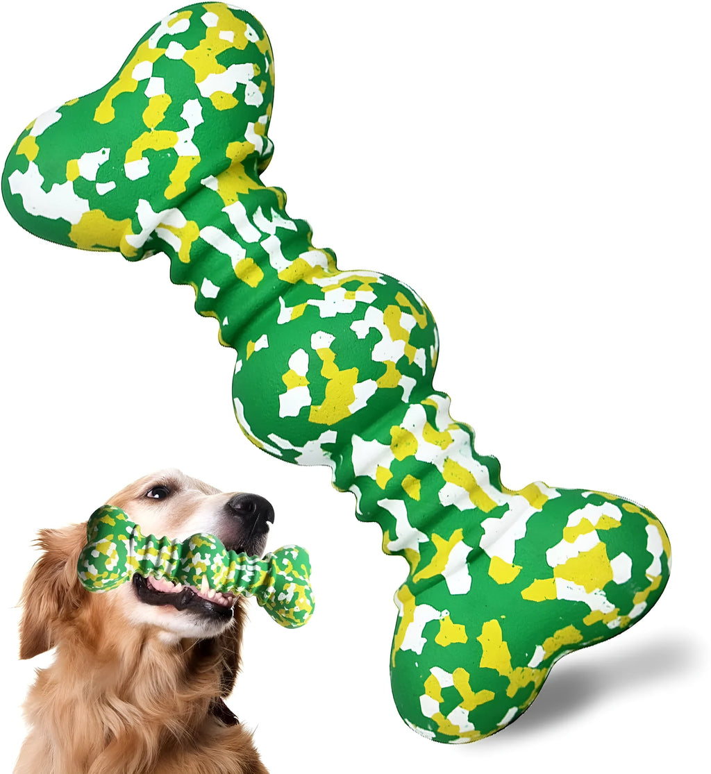 Dog chew toy made of natural rubber and bamboo fibre with unique camouflage pattern, available in S and L sizes.