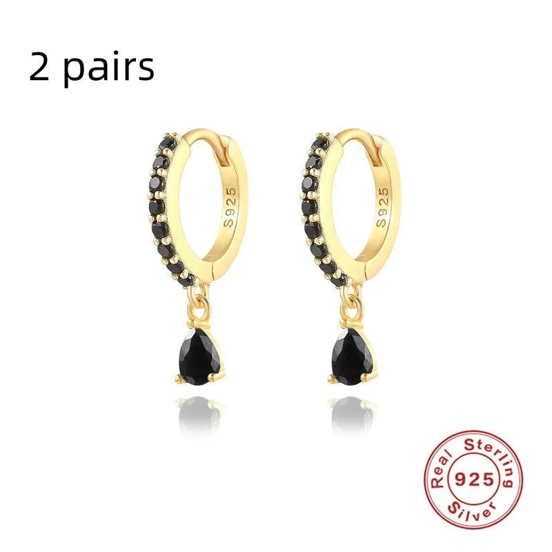 S925 sterling silver geometric water drop earrings with electroplated finish and stone accents