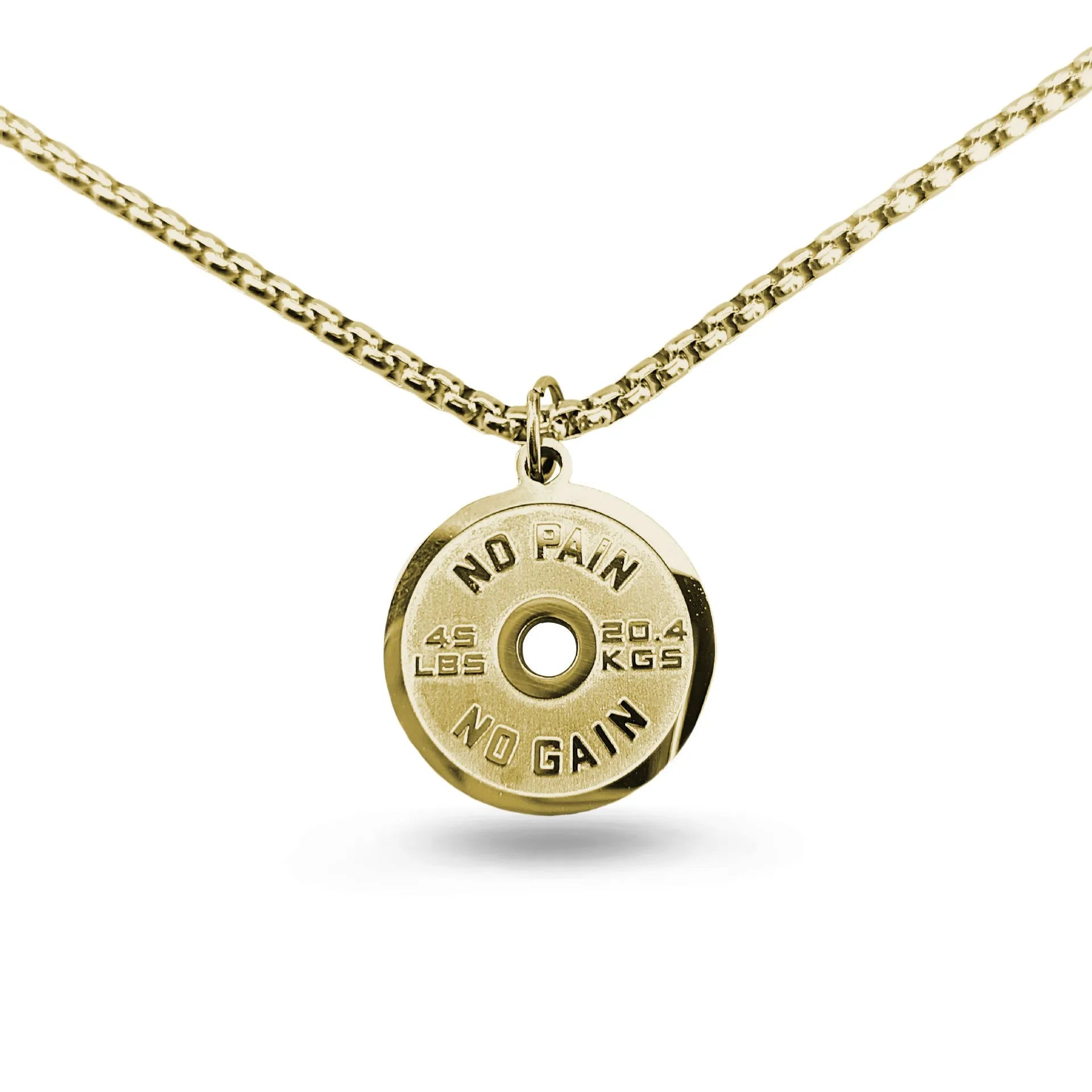 Polished stainless steel barbell disk pendant necklace on a choice of pearl, gold, or black 60cm chain.
