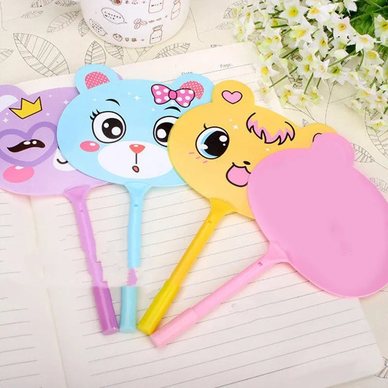 Promotional plastic fan pen with novelty character refills including kitten and unicorn designs