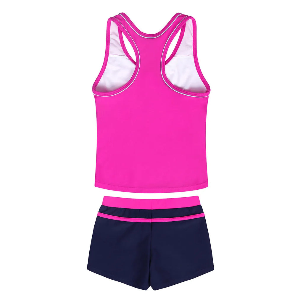 Girls two-piece split boxer swimsuit with chest pad in blue, hot pink, watermelon red, sizes M to 4XL