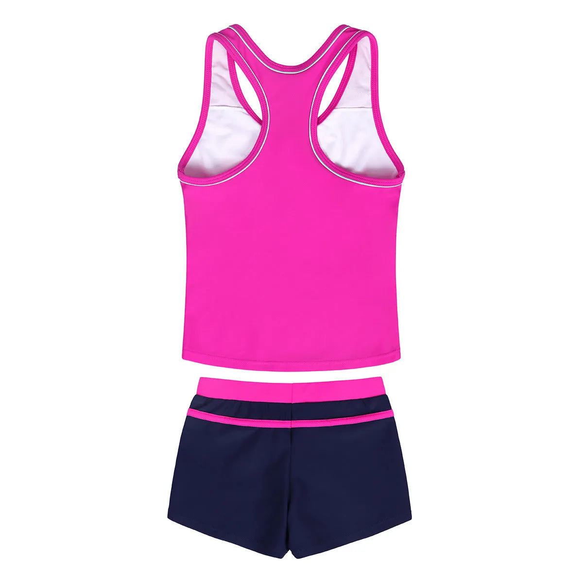 Girls two-piece split boxer swimsuit with chest pad in blue, hot pink, watermelon red, sizes M to 4XL