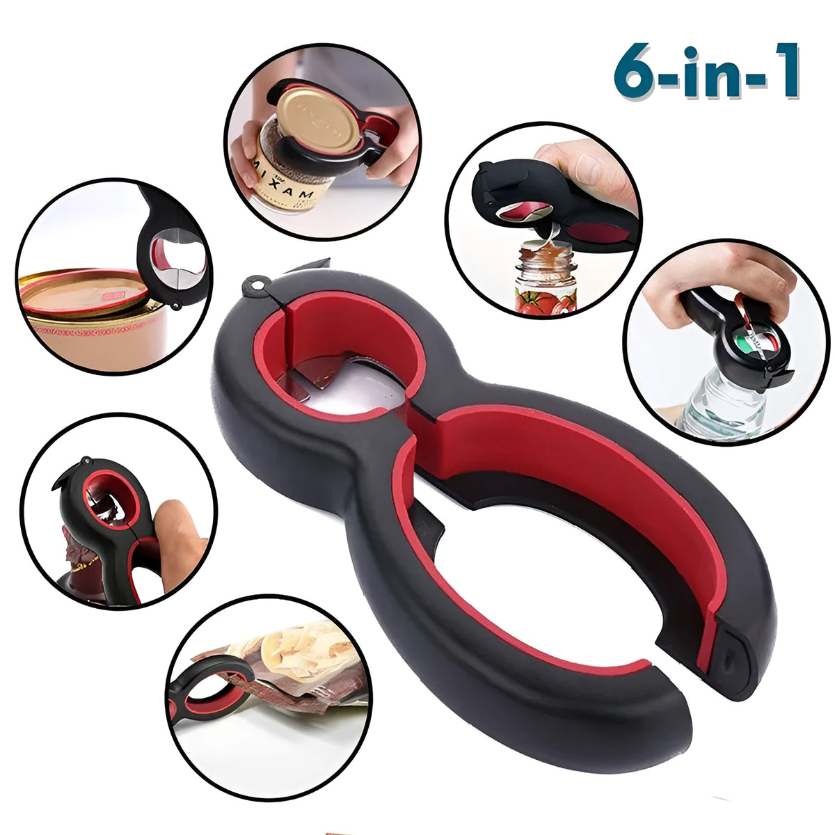 Six-in-one can opener in grey, ergonomic handle with stainless steel parts, on a kitchen counter
