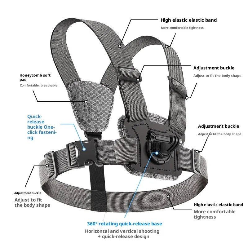 Chest mount kit with chest strap, adapter, phone clip, curved extension rod, and anti-shake rope for dual-camera action camera setup
