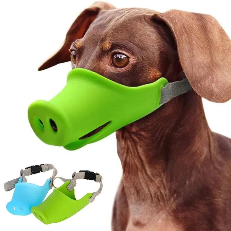 Blue silicone anti-bite mouth cover for dogs showing sizing on long-nosed pet