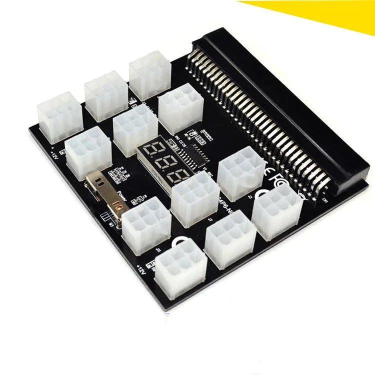 Black server power adapter board with 6-pin connector and multiple wire outputs.