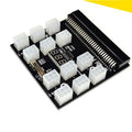 Black server power adapter board with 6-pin connector and multiple wire outputs.