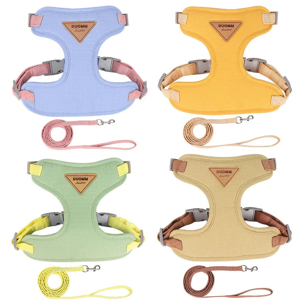 Mesh dog harness chest strap and traction rope set in beige, blue, green, yellow for small dogs sizes XS to L