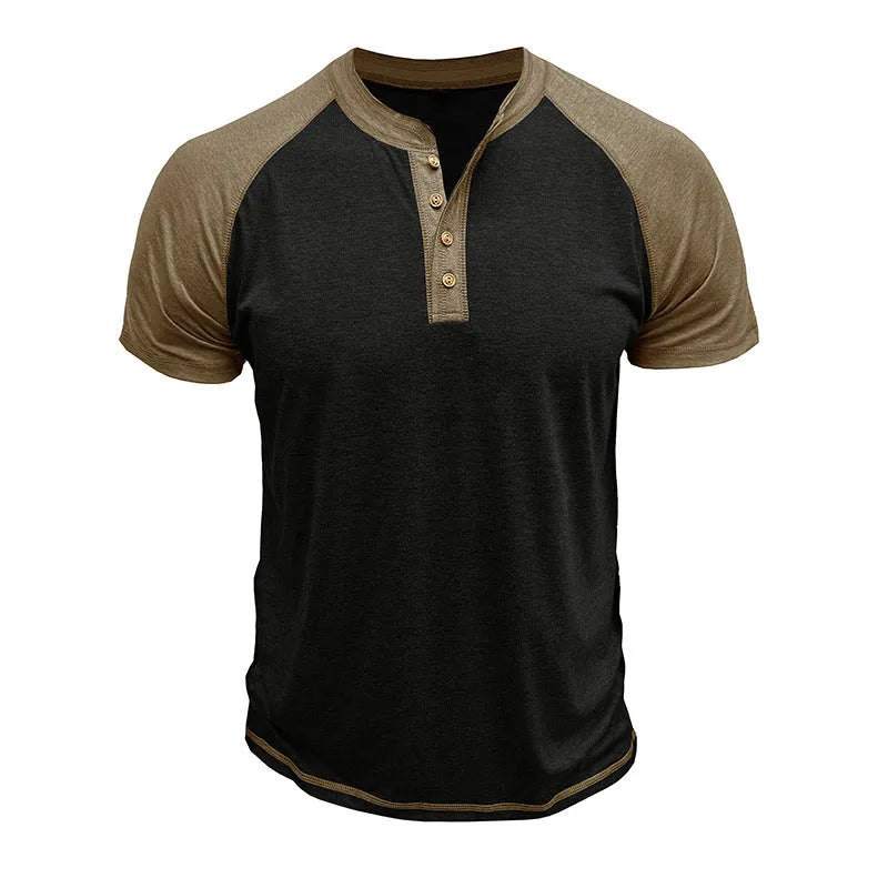 Men's short sleeve colour block pullover top with raglan sleeves on a mannequin.